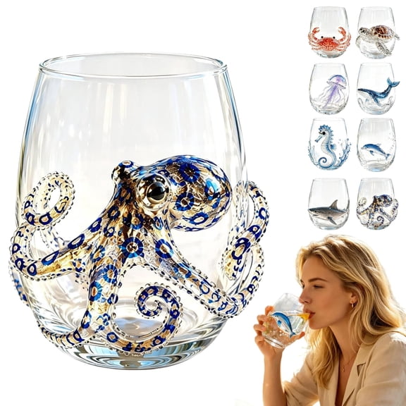 3D Ocean Animal Artisan Glassware Collection, Blue Ringed Octopus Stemless Wine Glass for Coastal Bar Decor