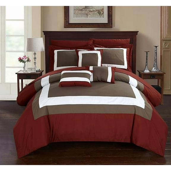 Chic Home Duke 10 Piece Comforter Set Complete Bed in a Bag Pieced Color Block Patterned Bedding with Sheet Set and Decorative Pillows Shams Included, Queen Brick Red