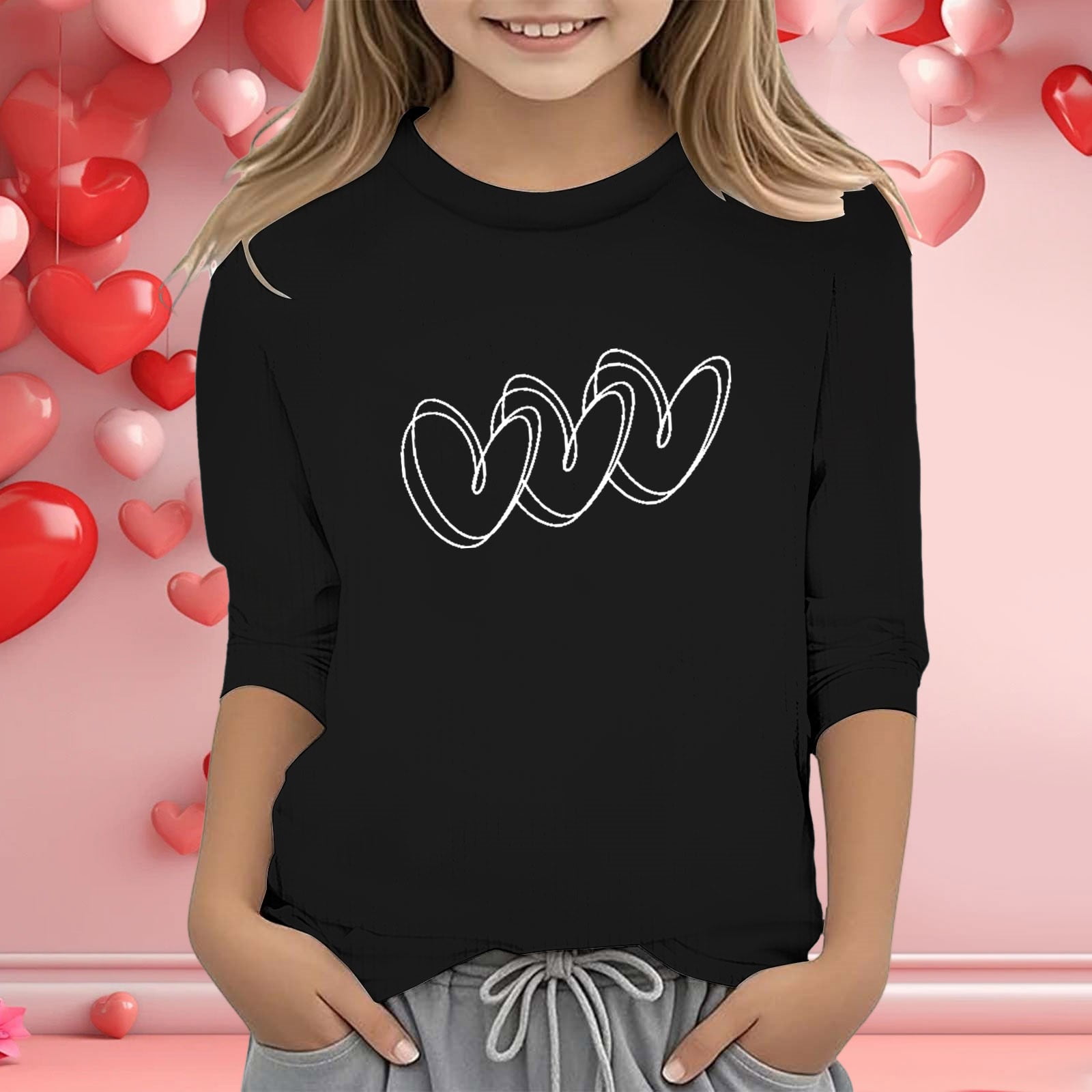 MEZZALL Girls Love Heart Print Fashion Sweet Crew Neck 3/4