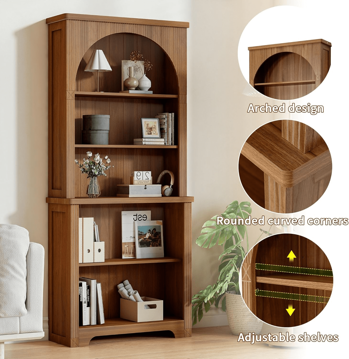 LEFHDA 71" Tall Bookshelf, 5-Tier Bookshelf, Farmhouse Arched Bookcase, Open Display Storage Shelf Adjustable Bookshelf for Home Office, Living Room(Walunt)