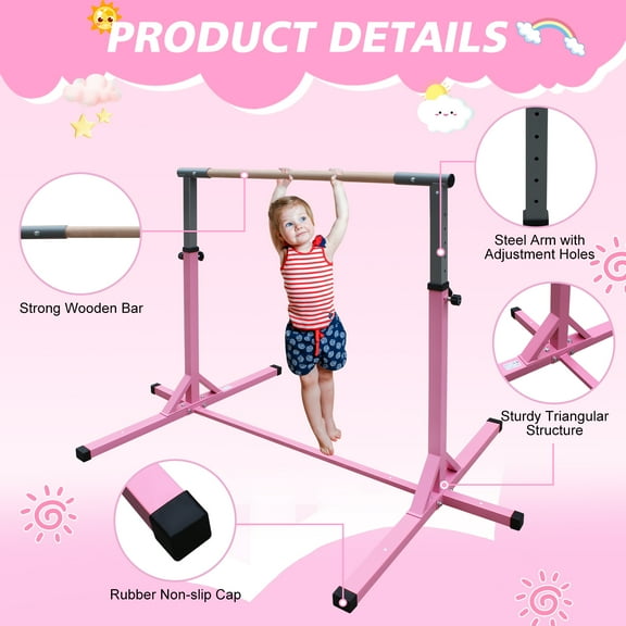 Gymnastics Bar for Kids, Adjustable Height Gym Bar, Junior Training Kip Bar for Home, Built for kids 3  Years Pink