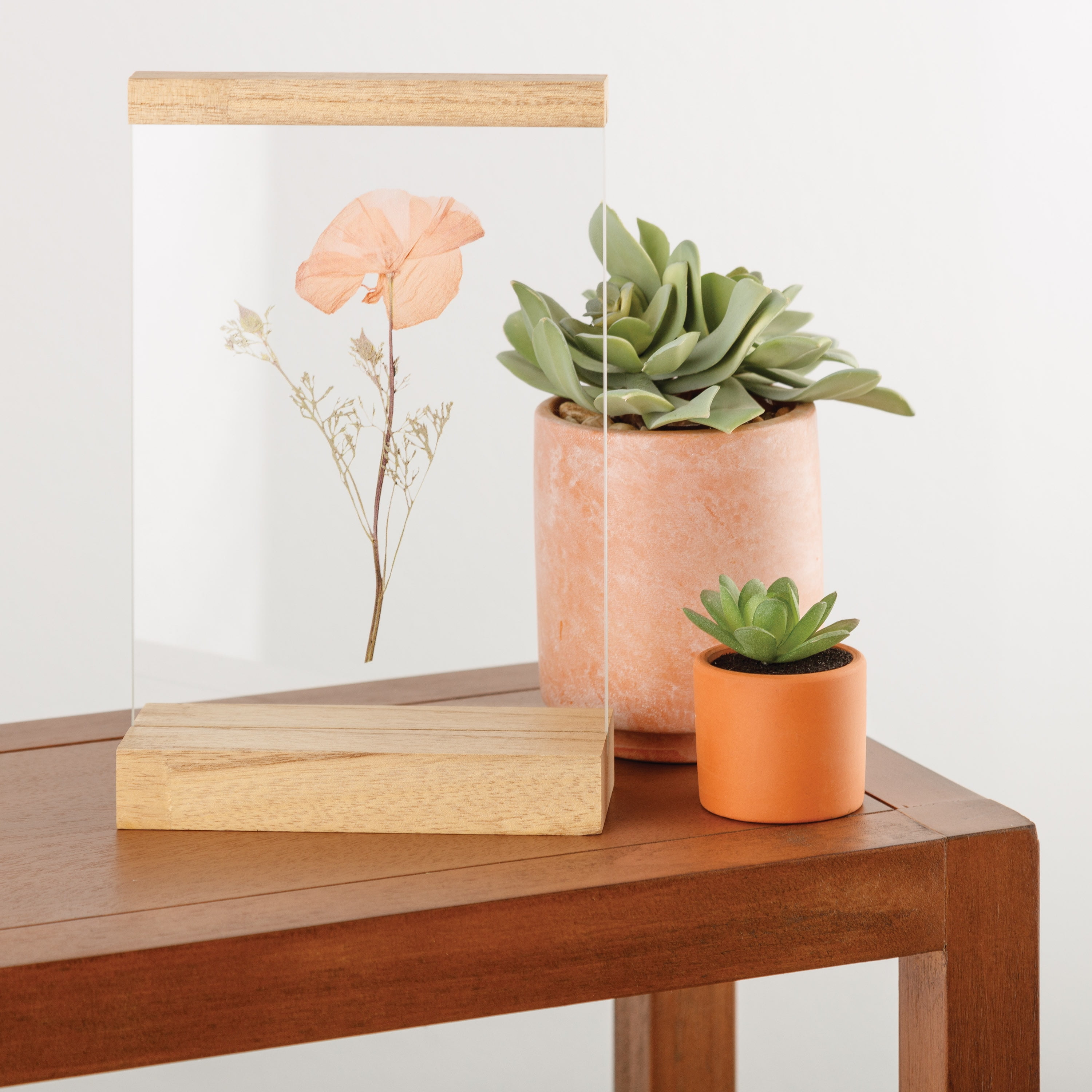 Pinnacle 6.5' x 8.5' Bohemian Floating Botanical Flower in Tabletop Frame, Natural Wood