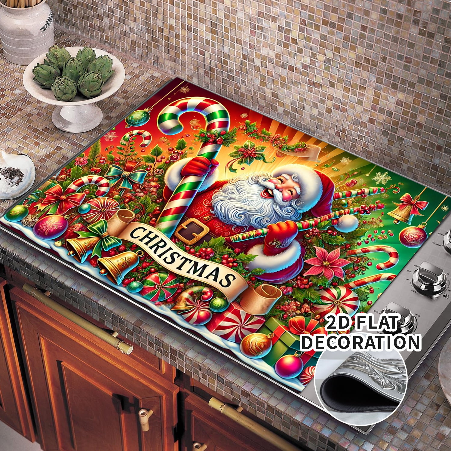 Christmas Stove Cover, Merry Christmas Stove Top Cover for Gas Stove Xmas Red Winter Kitchen Decor Glass Stove Top Pad Heat Resistant Electric Stove Protector Washable Cooktop Oven Mat