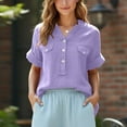 thumbnail image 6 of Mceream Cotton Linen Shirts for Women Loose Fit Button Down Summer Loose Fit Short Sleeve V Neck Tops Dressy Casual Oversized Tshirts Comfort Work Tops Plus Size Camisa De Algodon Para Mujer Purple L, 6 of 7