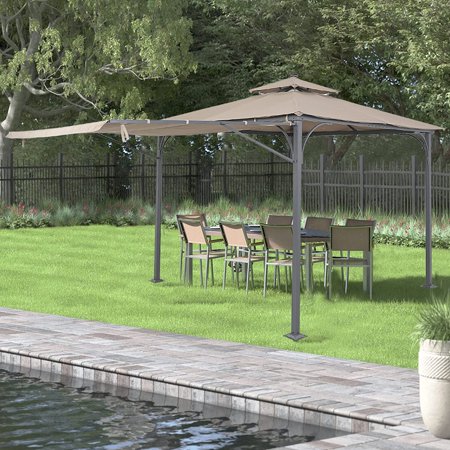 Saim 9.8ft.L x 9.8ft.W Patio Gazebo with Extended Side Shed/Awning and LED Light for Backyard