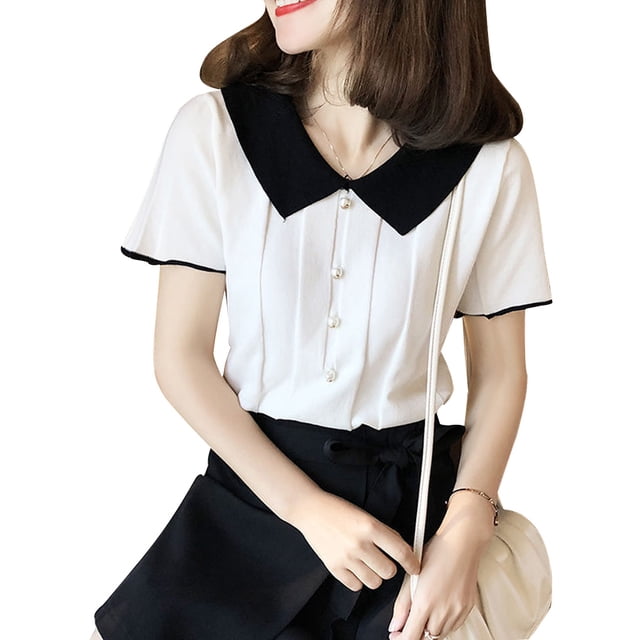 Sonducket Camisa de punto de manga corta con solapa para mujer, camiseta con bloque de color y botones, blanco Prendas para la parte del cuerpo Blanco