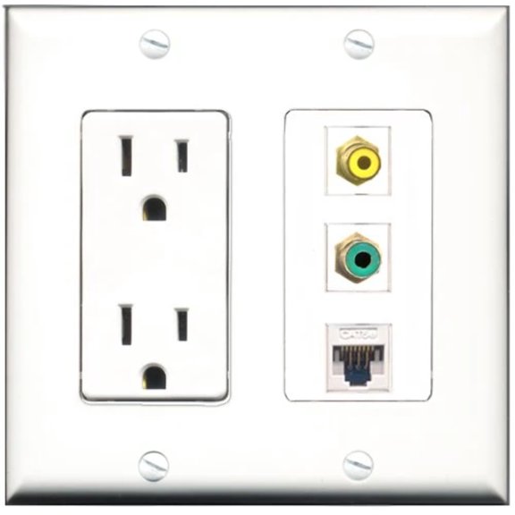 RiteAV - 15 Amp Power Outlet 1 Port RCA Yellow 1 Port RCA Green 1 Port Cat5e Ethernet White Decorative Wall Plate