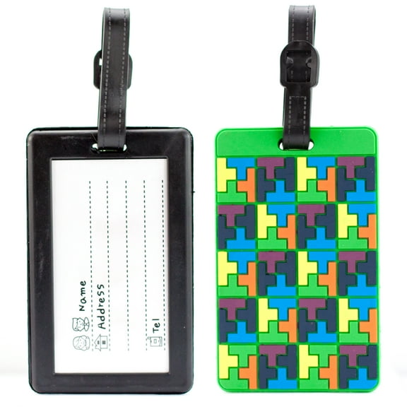 Luggage Tags Card Holder - Colorful Travel ID Bag Tags - Set of 2 (Tetris Style)