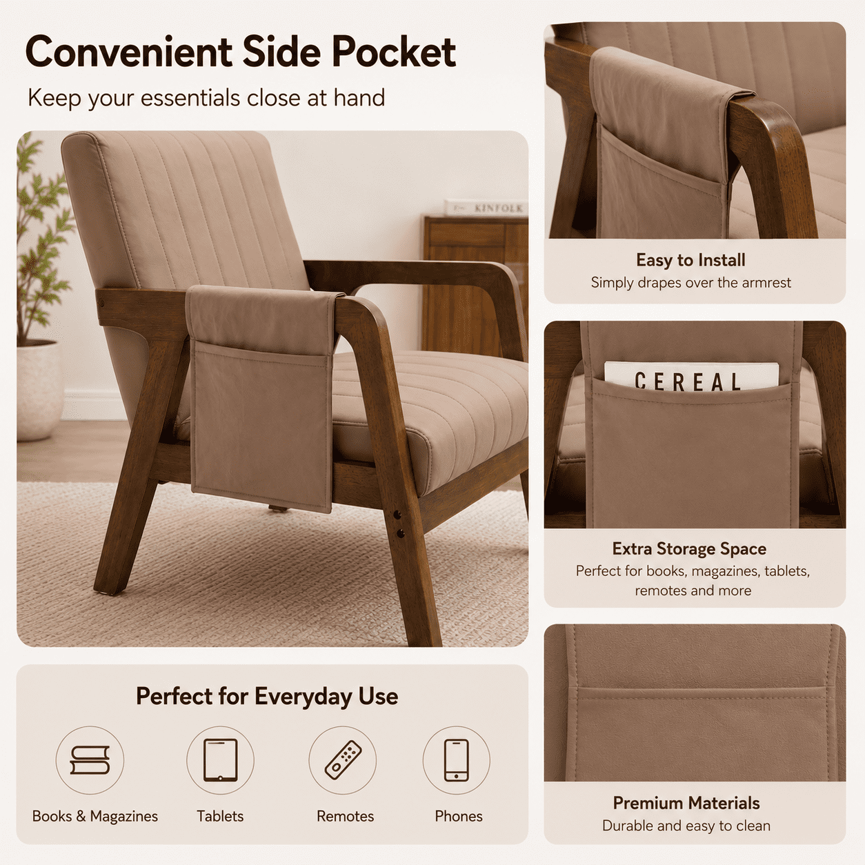 MOONMISS PU Leather Accent Chair,Mid-Century Modern Wood Frame Arm Chair with Side Pocket Cushioned Sofa,Dusty Pink