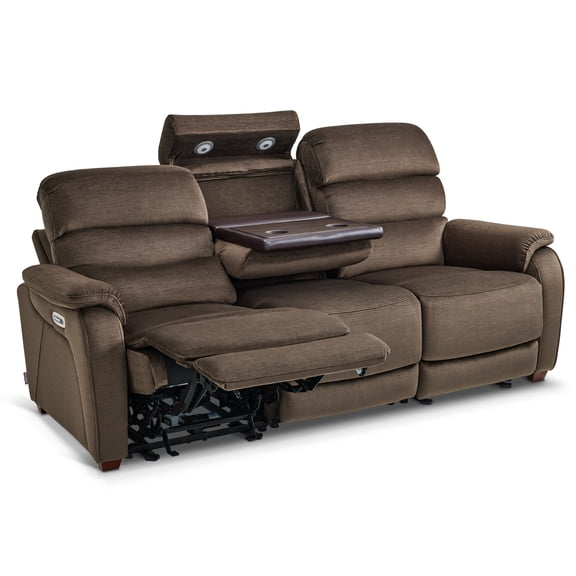 MCombo 3 Seater Zero Wall Hugger Power Recliner Sofa with Drop Down Table for Living Room, RVs, Fabric, Coffee