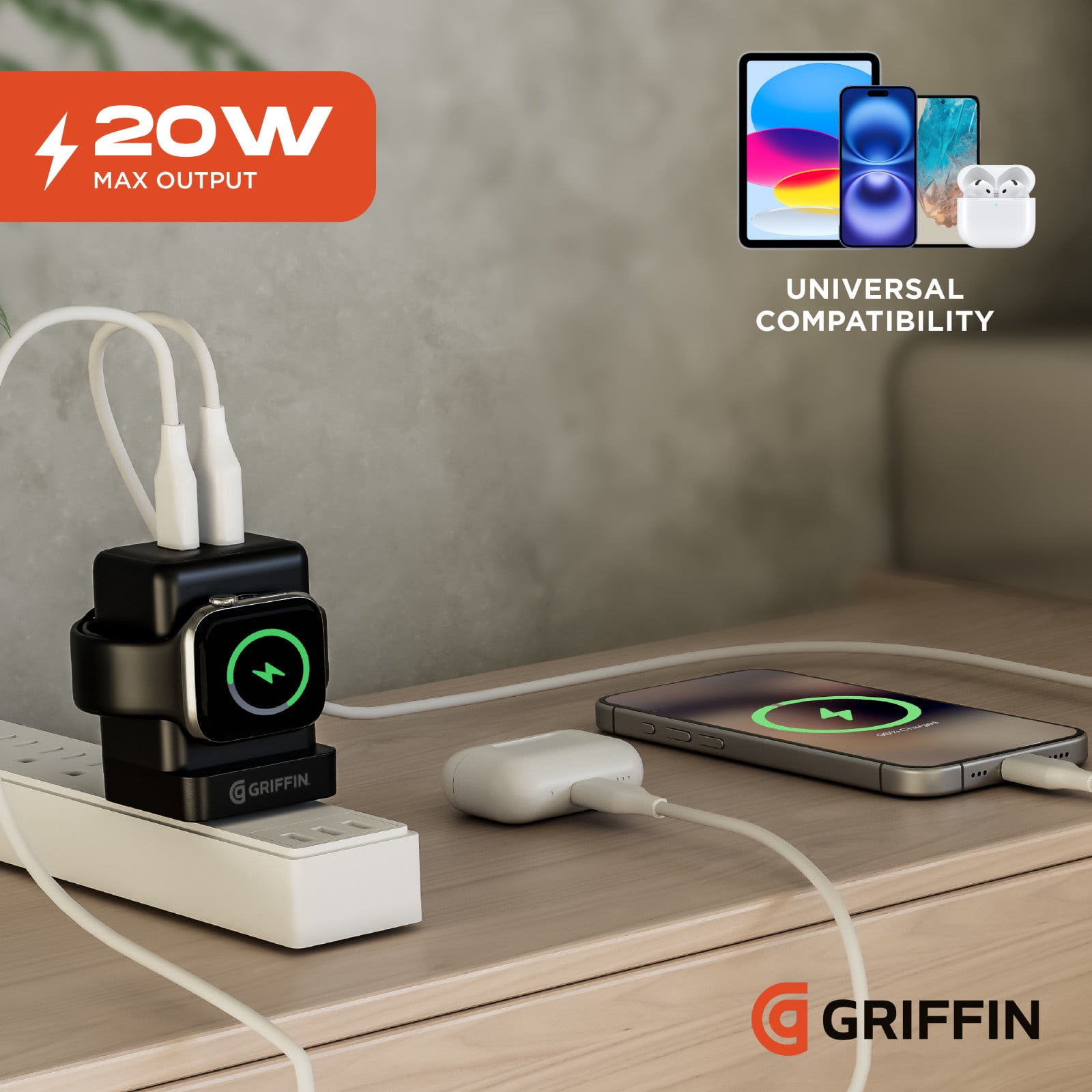 Griffin PowerBlock 20W Wall Charger with Smartwatch Wireless Charging, Dual USB-A & USB-C Ports, Fast Charging for Phones and Smartwatches