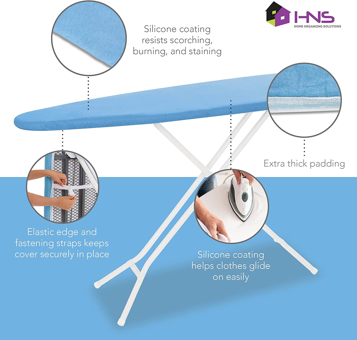 Hold N' Storage Ironing Board Cover and Pad, Large Fits All Standard Sizes 15" x 54" - Blue