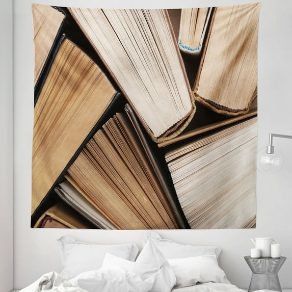 Modern Tapestry, Pile of Old Books Research Reading Library Literature Theme Picture, Fabric Wall Hanging Decor for Bedroom Living Room Dorm, 5 Sizes, Brown Beige, by Ambesonne