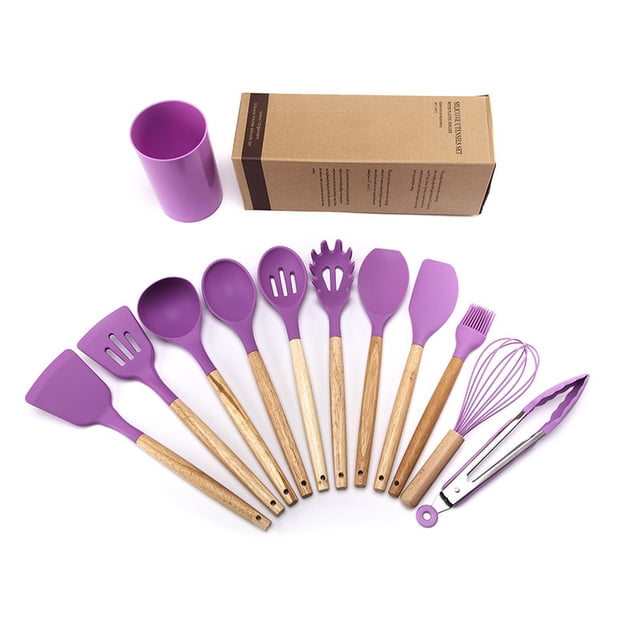 Utensilios de cocina de silicona, 12 piezas, sartén antiadherente, utensilios de cocina, espátula con mango de madera, cuchara para sopa, raspador, traje