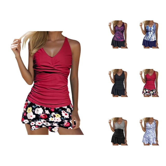 Womens Tankini Bathing Suits 2026 Casual Modest Striped V Neck Strappy Bikini Top with Bottom Two Piece Bathing Suits Woman