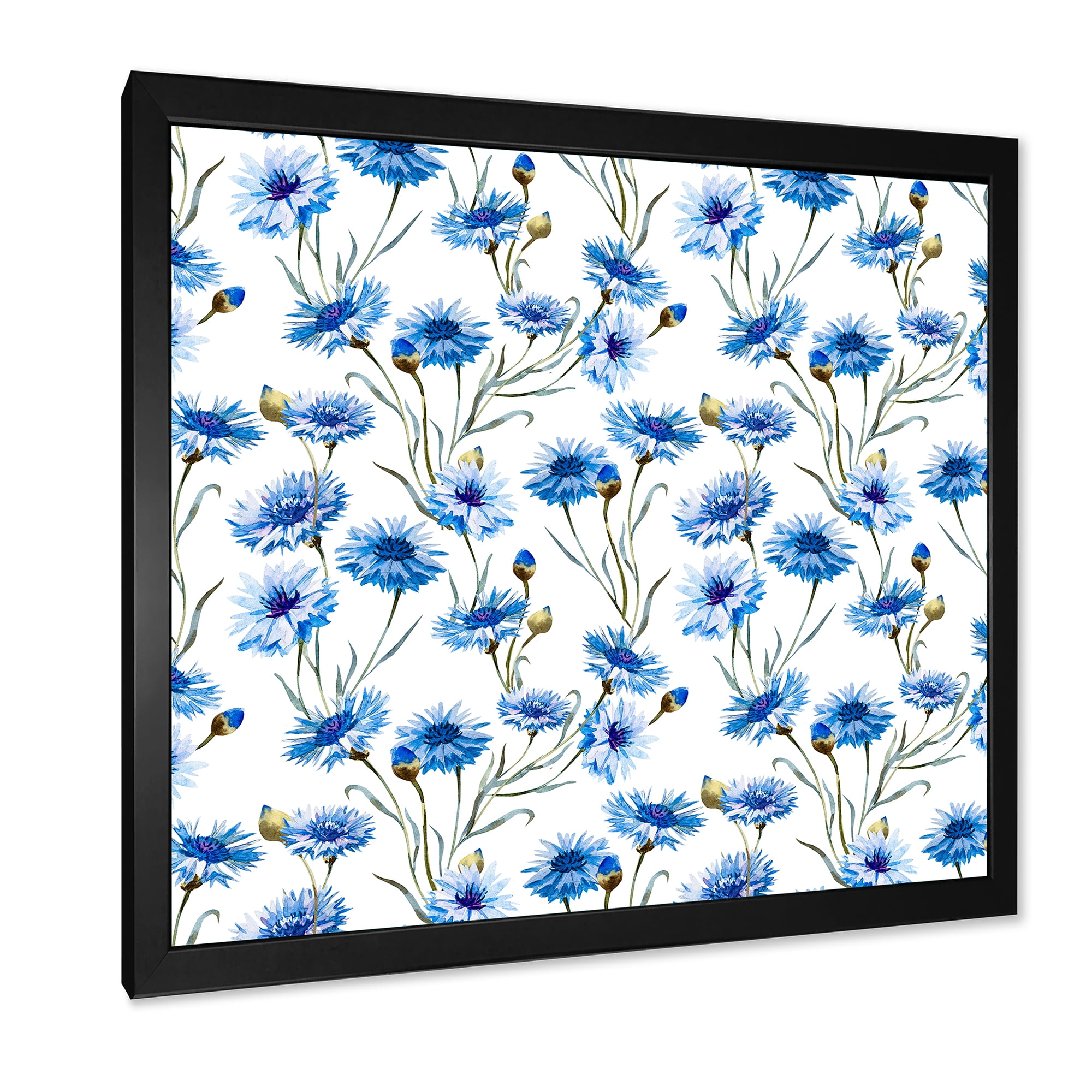 Designart 'Blue Cornflowers With Green Leaves On White II' Traditional Framed Art Print