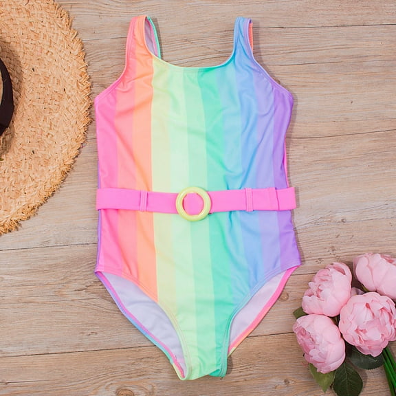 naisibaby Toddler Kids Girls Fashion Cute Rainbow Printed Bikini, Baby Ruffles One-piece Swimsuit Multicolor 9-10 T