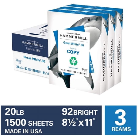 Hammermill Paper, Great White 30% Recycled Printer Paper, 8.5 x 11 Paper, Letter Size, 20lb, 92 Bright - 3 Reams / 1,500 Sheets (086820C)