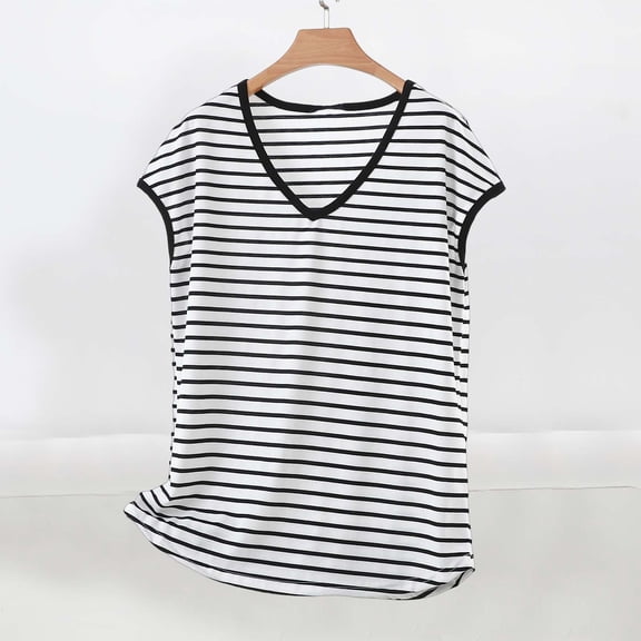 Xdegoge T-Shirt for Women V Neck Cap Sleeve Casual Loose Fit Striped Print Classic Nautical Style Breathable Cotton Blend Soft Everyday Wear Summer Knit Tops