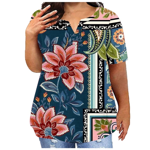 Fiudx Camisas para Mujer Camiseta Holgada de Manga Corta con Cuello Redondo y Estampado Informal Grande para Mujer