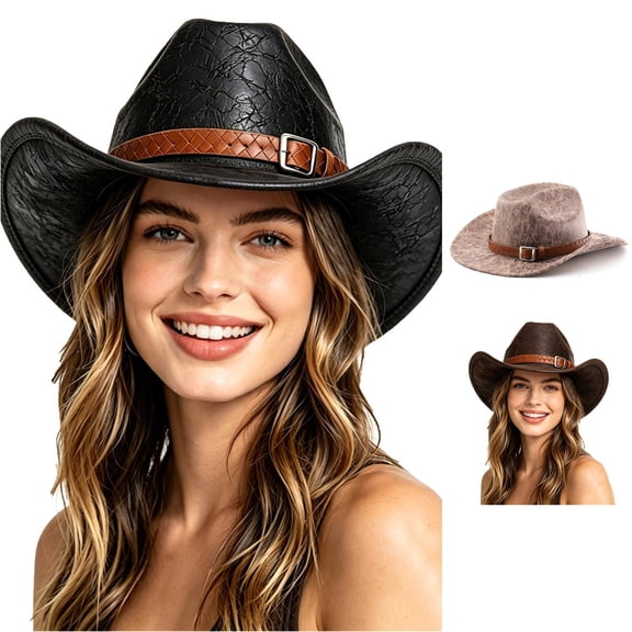 XIAOCHA Womens Leather Western Cowboy Hat Solid Buckle Closure Holiday Cowgirlhat,Black