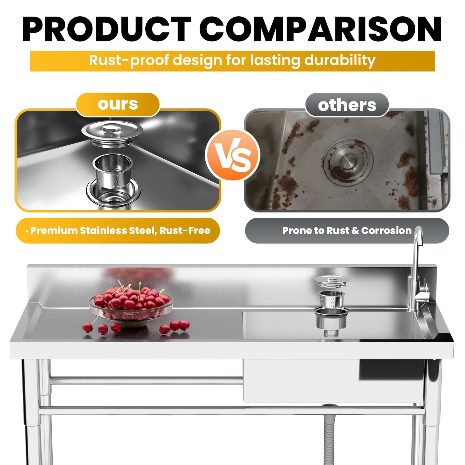 Zhuotong 47" Freestanding 304 Stainless Steel Single Bowl Commercial Sink, 360° Swivel Faucet, Backsplash, Storage Shelf & Adjustable Feet, Heavy Duty for Restaurant, Kitchen, Garage & Laundry