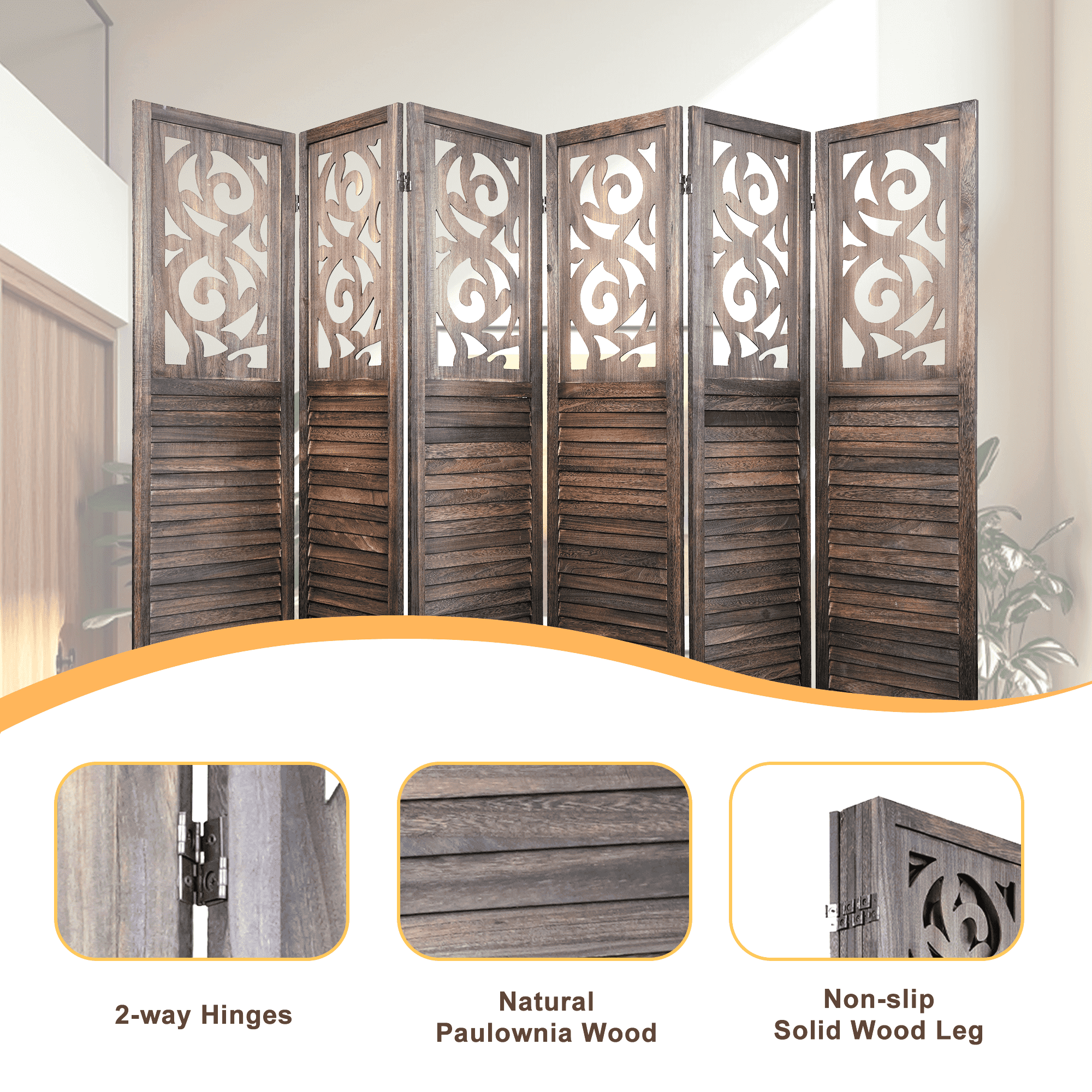 MAYEERTY 6 Panel Freestanding Room Dividers, 6FT Carved Wood Folding Privacy Screens, Rustic Brown