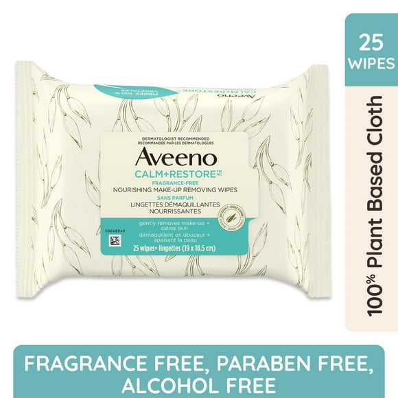 Aveeno Calm + Restore Nourishing Make-Up Removing Wipes - Eye Makeup Remover, Sensitive Skin Care - Frangrance Free