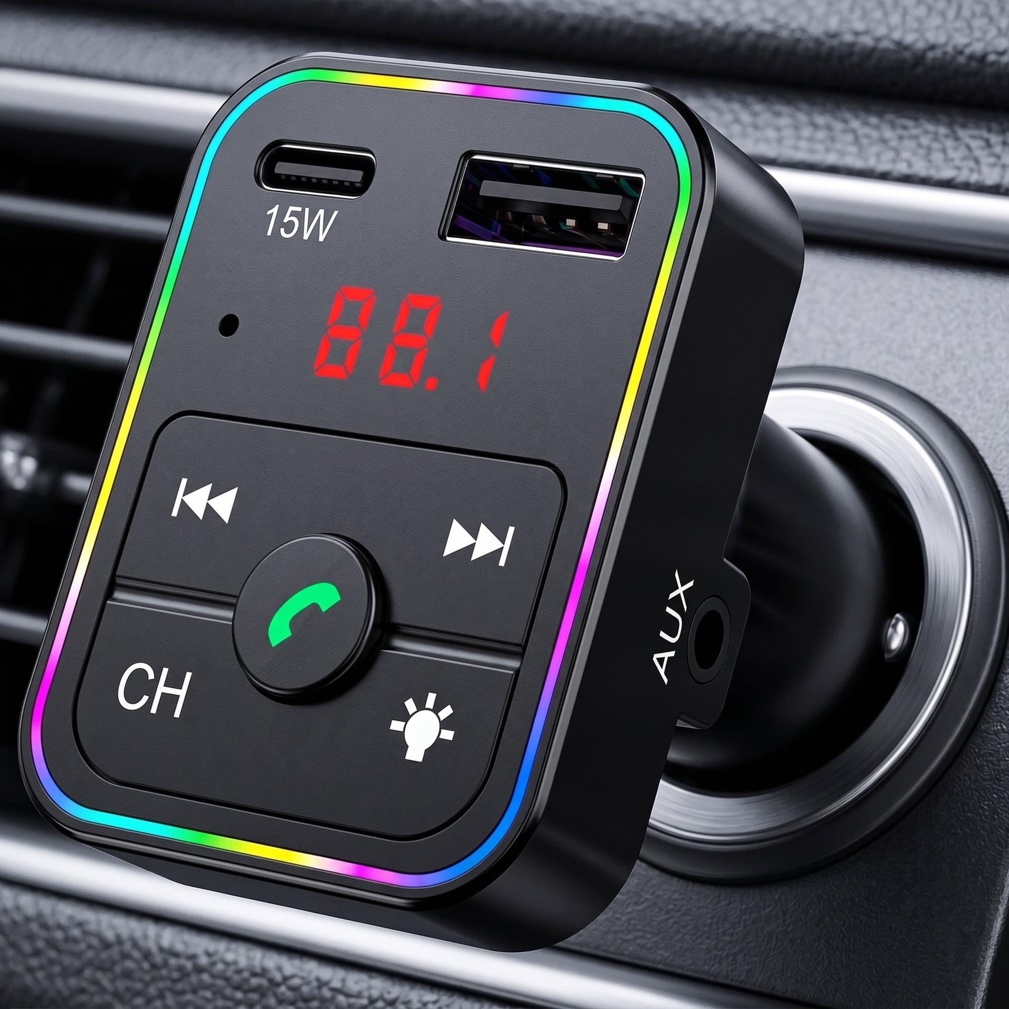 onn. Bluetooth FM Transmitter and Car Charger with USB-C 15W and USB-A 12W Charging, Hands-Free Calling, AUX Port, LED Display and Multicolor Light