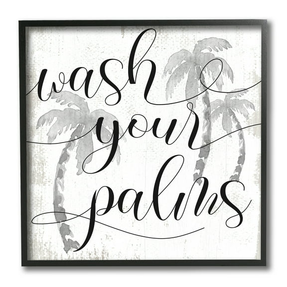 Stupell Industries Wash Your Palms Phrase Distressed Tropical Pun Inspirational Painting Black Framed Art Print Wall Art, 12 x 12