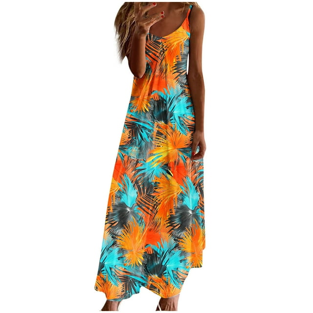 Staron Robes d'Été pour Femmes Décontractées à Col en V à Bretelles Spaghetti Boho Robe Maxi de Printemps Longue Fluide Robe de Plage