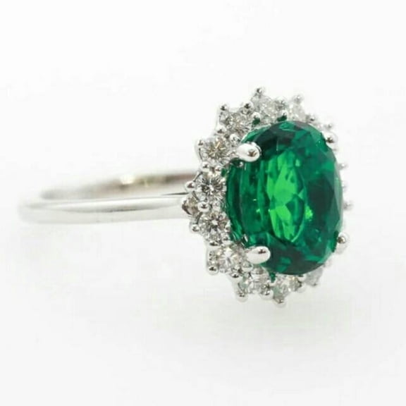 Emerald Halo Ring sterling 925 silver Ring, Green Gemstone Ring, Oval Cut Created Emerald Ring, American Diamond , Ring for gift