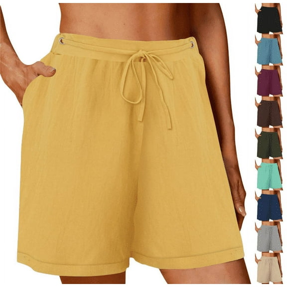 BiZtdJrK Womens Bermuda Shorts Solid Drawstring Wide Leg Casual Shorts Lightweight Flowy Beach Vacation Shorts with Pockets on sale clearance 2025 Khaki L