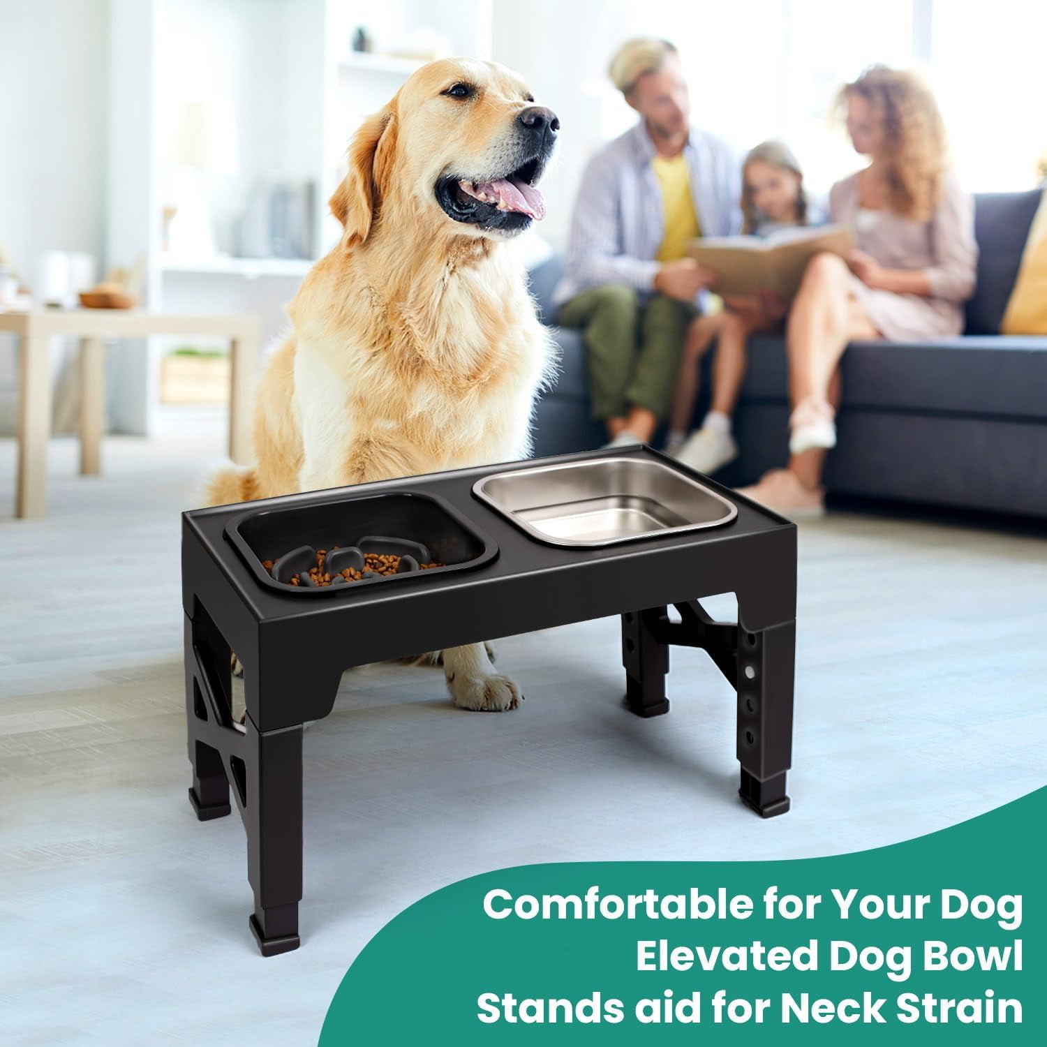 Elevated Dog Bowls, 5 Adjustable Heights Raised Dog Bowl Stand, with 2 Stainless Steel Dog Food Bowls and 1 Slow Feeder Dog Bowl