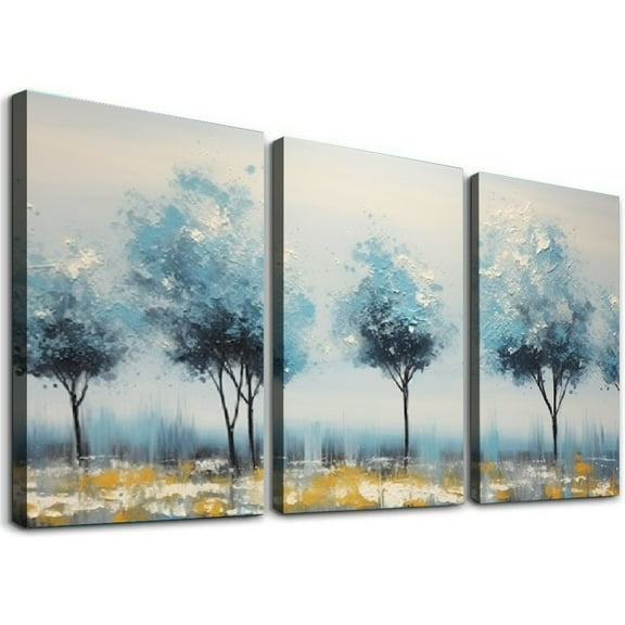JRXY Tree Wall Art Canvas Teal Landscape Painting Blue Forest Textured Picture Modern Panoramic Abstract Nature Artwork Large Size Framed for Living Room Bedroom Bathroom 12''x16''X3 Panels pattern1