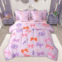 Feelyou Kawaii Ribbon Bow Bedding Comforter Set 7 Pieces for Girl, Fairy Tale Princess Full Bedding Set, Purple Cute Bowknot Reversible Fitted Sheet Flat Sheet, Lightweight Room Decor