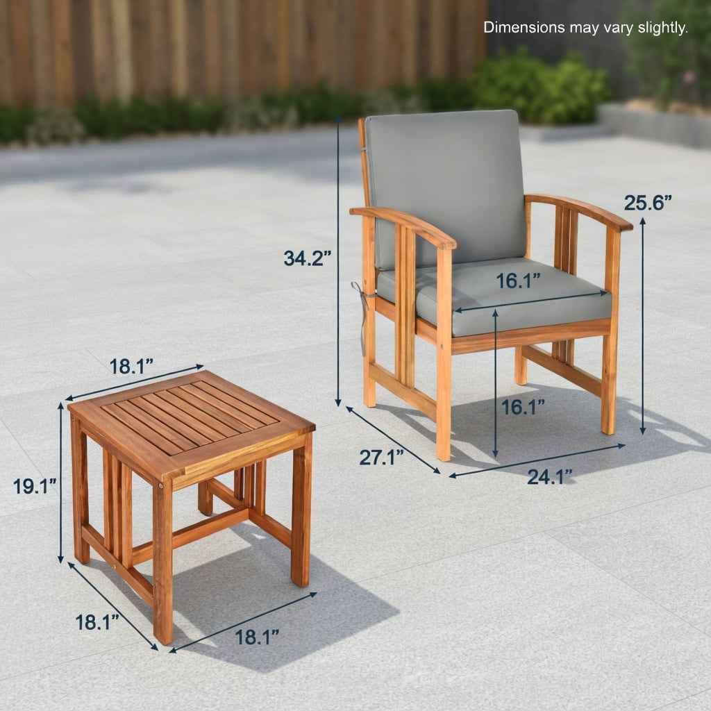 Hommoo 3-Piece Acacia Wood Outdoor Patio Sofa Set, Cushioned Garden Seating with Removable Washable Covers, Gray