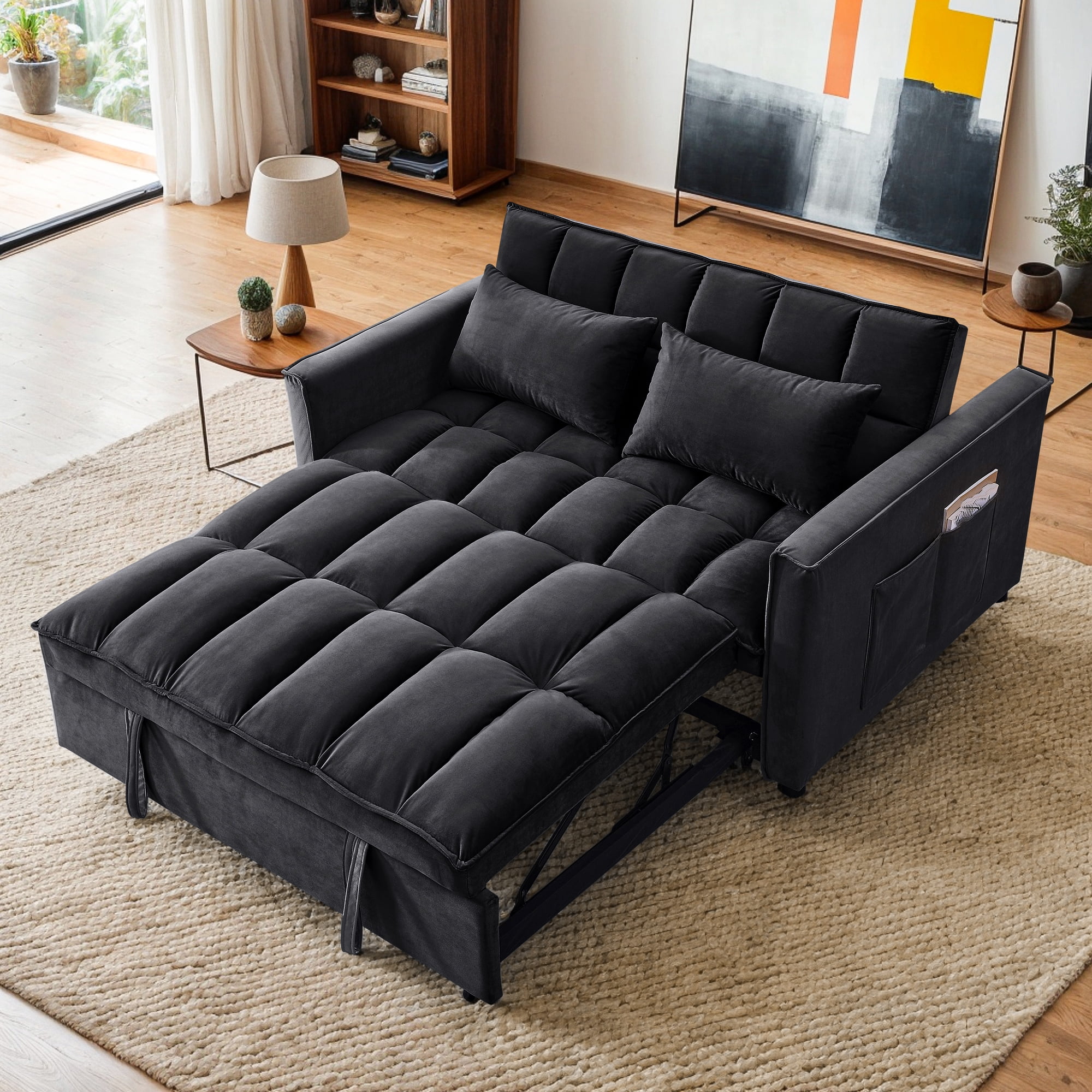 Demi Bonn 3 in 1 Convertible Sleeper Sofa Bed with Side Pocket, Adjustable Backrest Velvet Futon Couches for Living Room, Pull Out Couch, Loveseat, Black