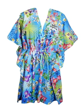 Mogul Women Blue Floral Tunic Dress Cotton Kimono Sleeves Knee Length Comfy Loose Kaftan Beach Cover Up Short Caftan Dresses ONE SIZE
