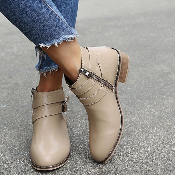 Botas de mujer Invierno Hebilla Correa Tacones gruesos Resbalón en Retro Señoras Calzado Zapatos Wmkox8yii sdhk478