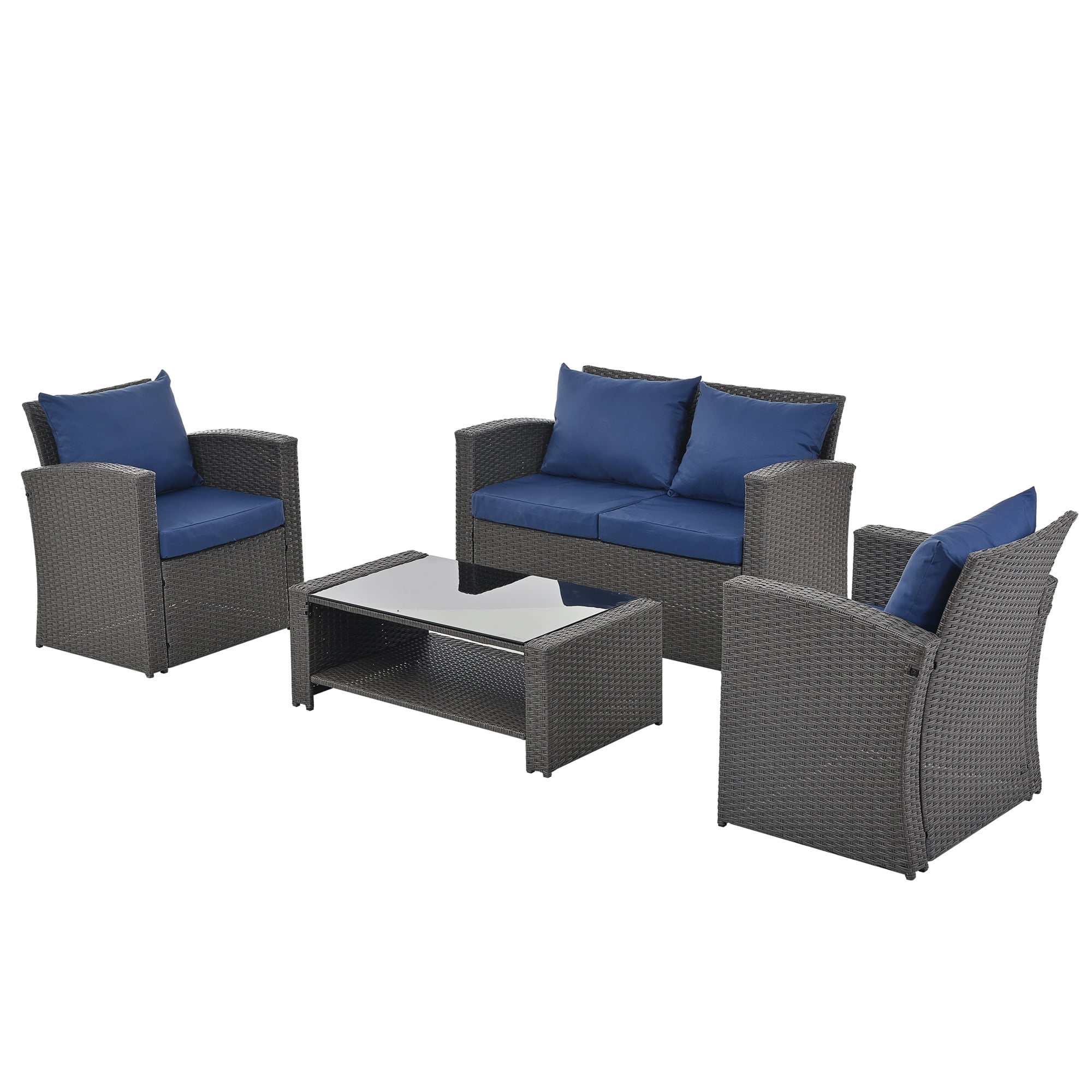 Highsound 4 Pieces Outdoor Sectional Sofa, Patio Furniture Sets Manual Weaving Wicker Rattan Patio Conversation Sets with Coffee Table, Blue Cushions