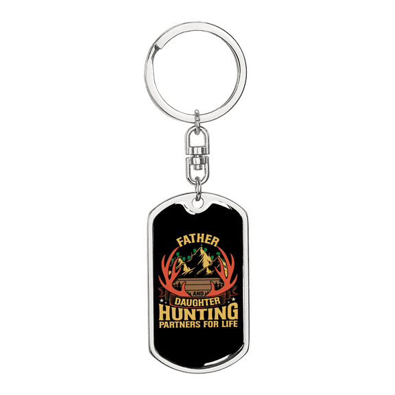 Father Daughter Hunting Partners Stainless Steel or 18k Gold Premium Swivel Dog Tag Keychain