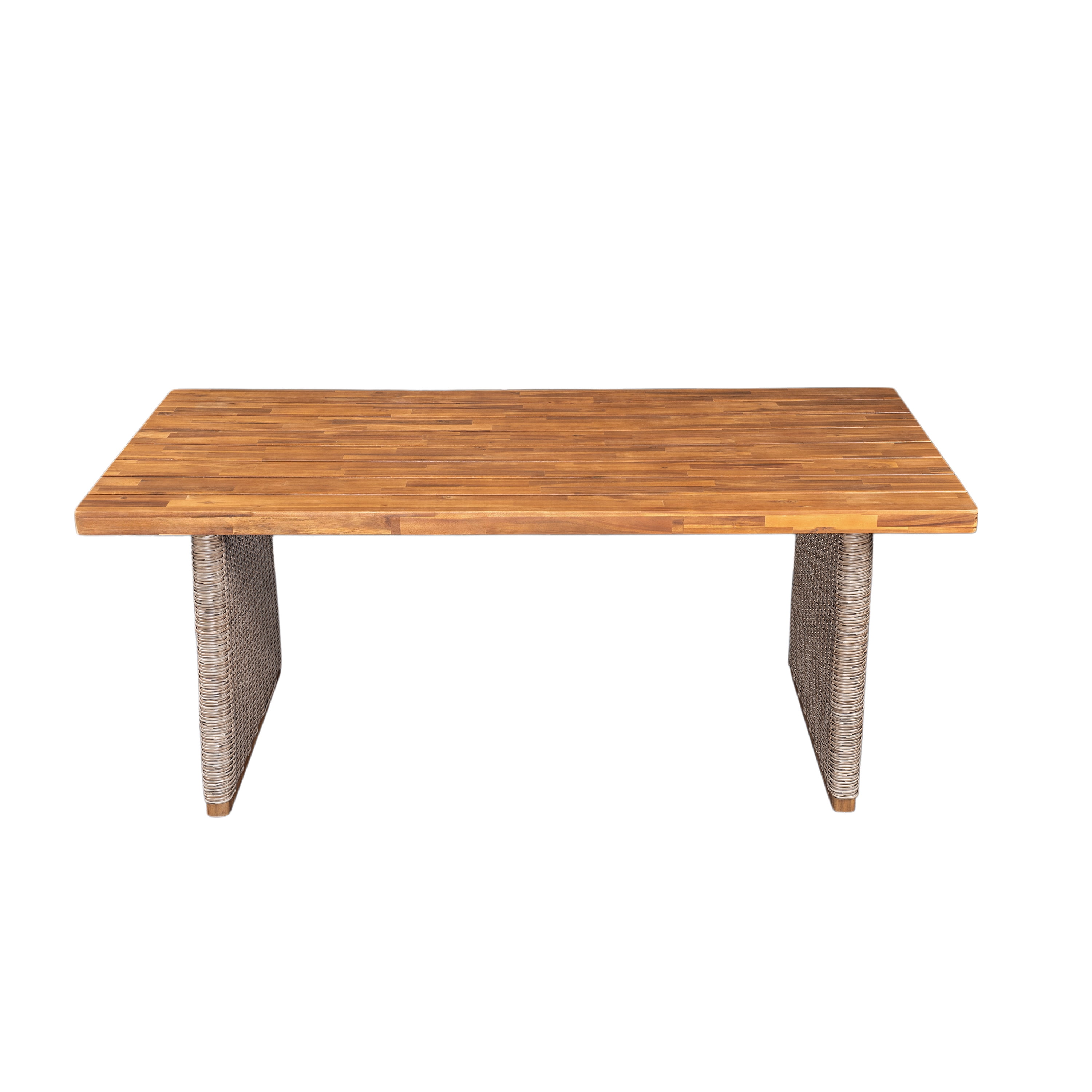 Dining Table, Outdoor Acacia Wood Table with Brown Wicker for Patio Garden, Teak