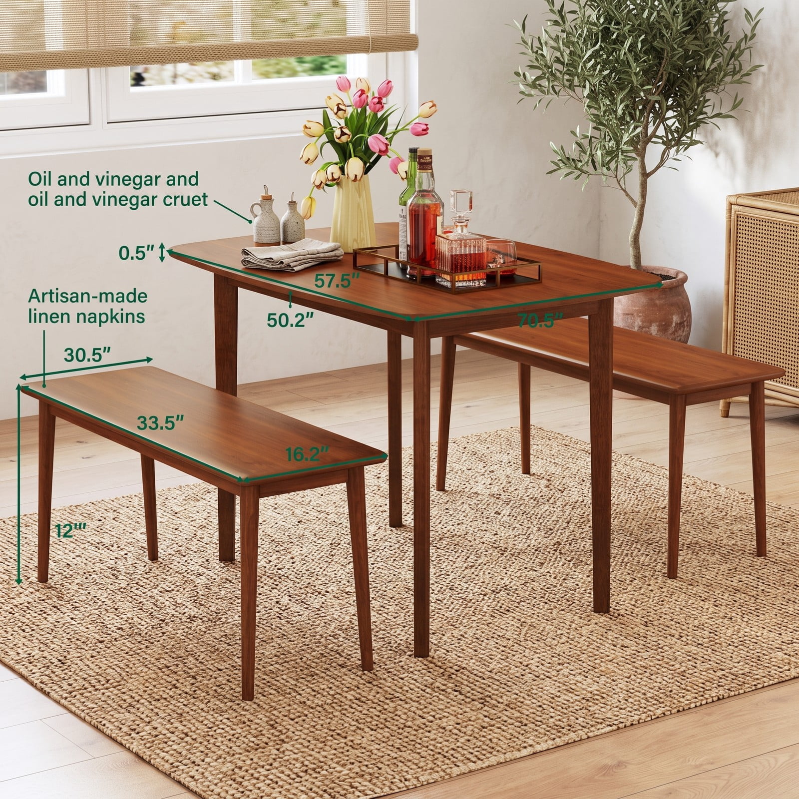 Furnibear Wooden Dining Table for 2-4 People, Rectangular Kitchen Table with Rubber Wood Legs, Space-Saving Dinner Table for Small Apartment, Kitchen, Dining, Walnut