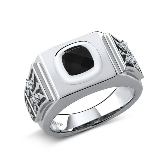 Gem Stone King 925 Sterling Silver Men's Ring Cushion Checkerboard Black Onyx and Moissanite (2.14 Cttw, Size 9)