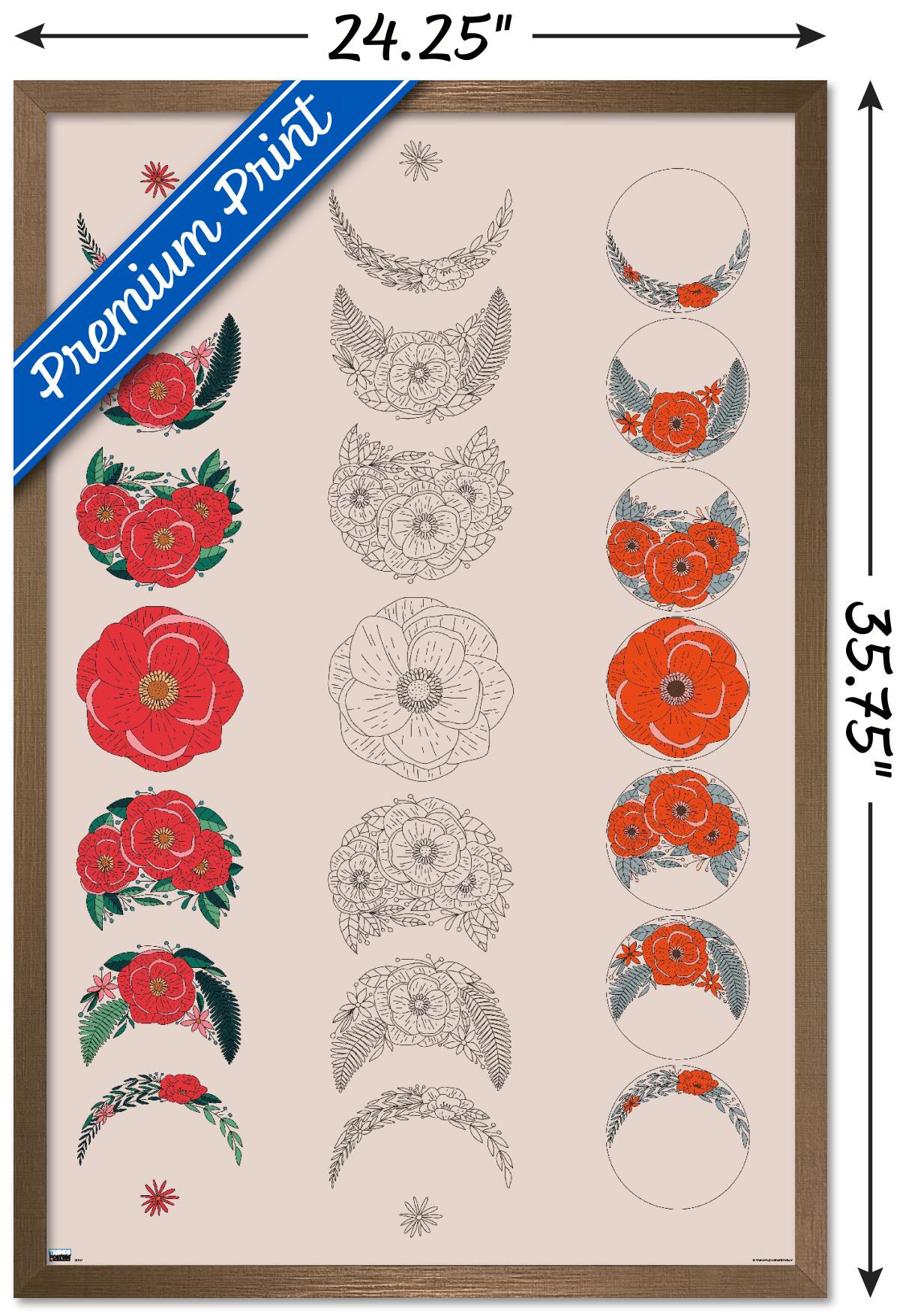 Floral Phases of the Moon Wall Poster, 22.375" x 34" Framed
