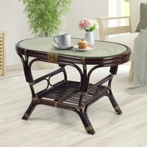 SK New Interiors Pelangi Oval Coffee Table Natural Rattan Wicker ECO Handmade Design w/ Glass Top, Dark Brown