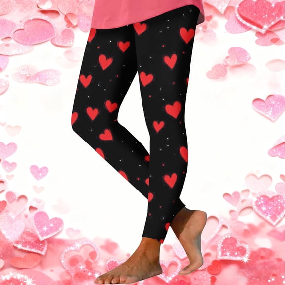 Fengqque Women's Valentine's Day Gift Red Heart-shaped Print Elastic Tight Fashion Casual Yoga Pants Black XL(XL)