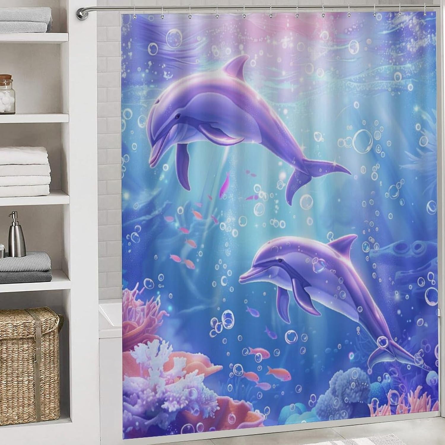 Ocean Corals Dolphins 4 Pcs Bathroom Shower Curtain Set,Bathroom Sets with Rugs (Bath Mat,U Shape and Toilet Lid Cover Mat), Bathroom Decor Set