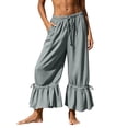 thumbnail image 2 of Womens Cotton Wide Leg Pants Casual Cropped Ruffle with Ties Palazzo Flowy Drawstring Loose Cute Pants with Pockets Gray XXL(XXL), 2 of 9